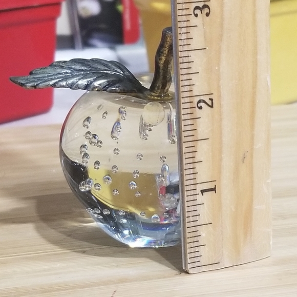 Apple Paperweight Metal Stem Leaf Clear Bubble Art Glass 3.25"H - Picture 6 of 8